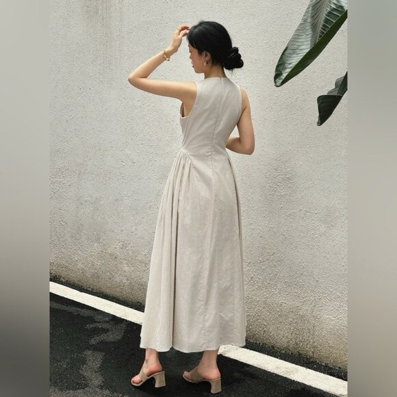 Commense Cotton & Linen Pleated Cutout Long Maxi Dress Cream - Picture 8 of 9